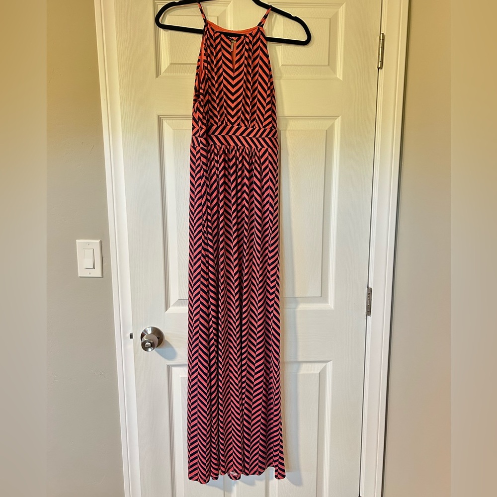 LOFT Pink and Navy Chevron Maxi Dress